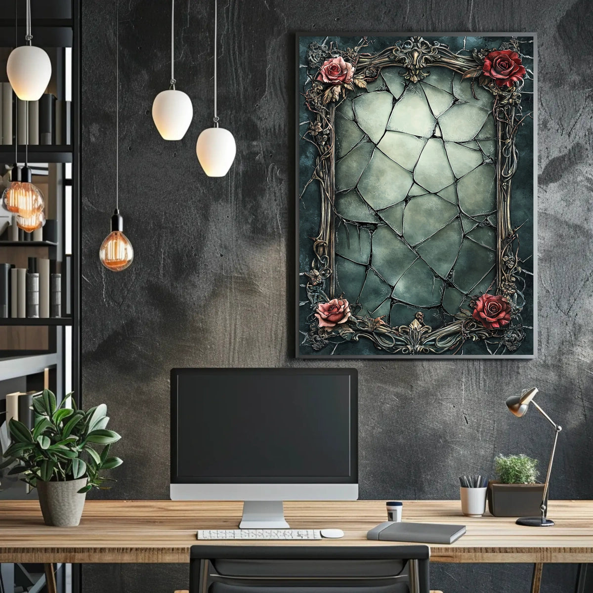 Ornate Gothic Floral Art Print with Roses and Cracked Frame Poster