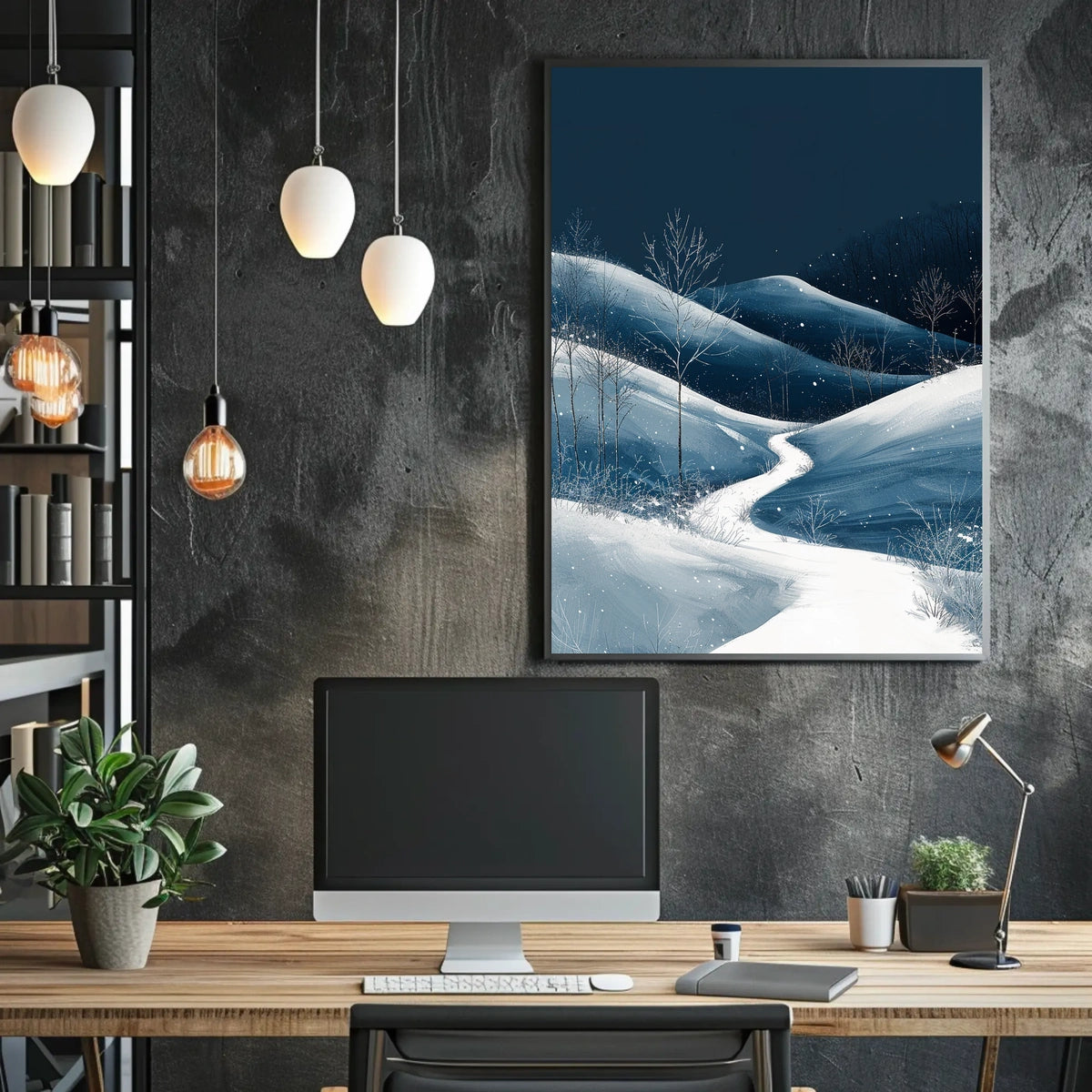 Winter Night Serenity: Minimalist Landscape Art Poster