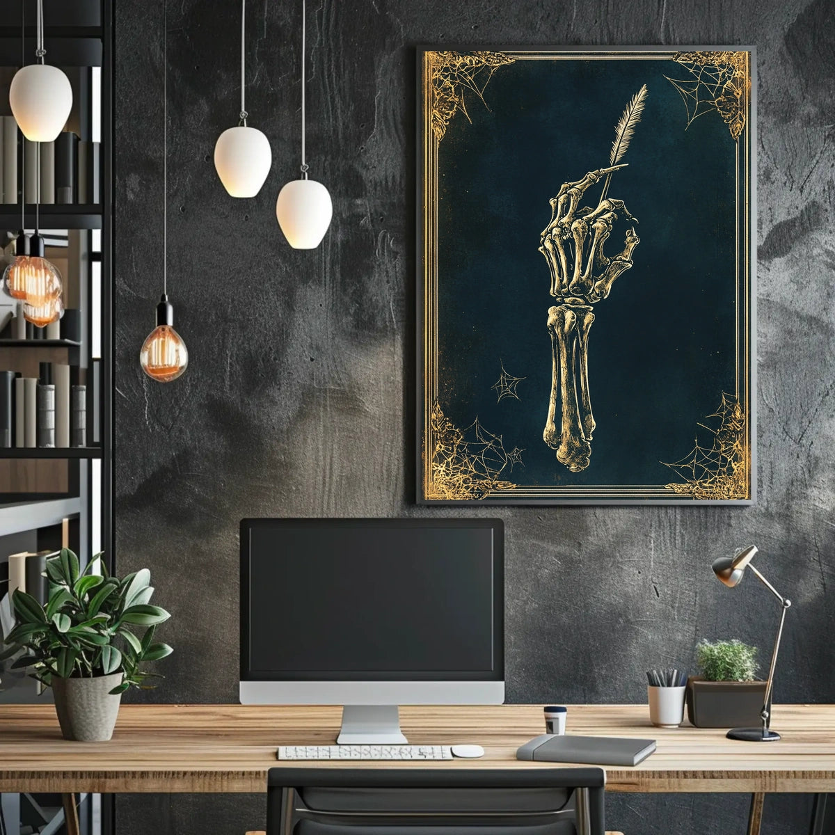 The poster depicts a skeletal hand holding a quill pen, set against a Travel Poster