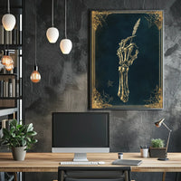 The poster depicts a skeletal hand holding a quill pen, set against a Travel Poster