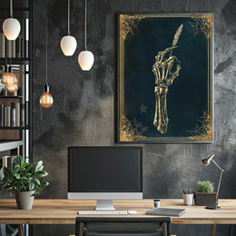 The poster depicts a skeletal hand holding a quill pen, set against a Travel Poster