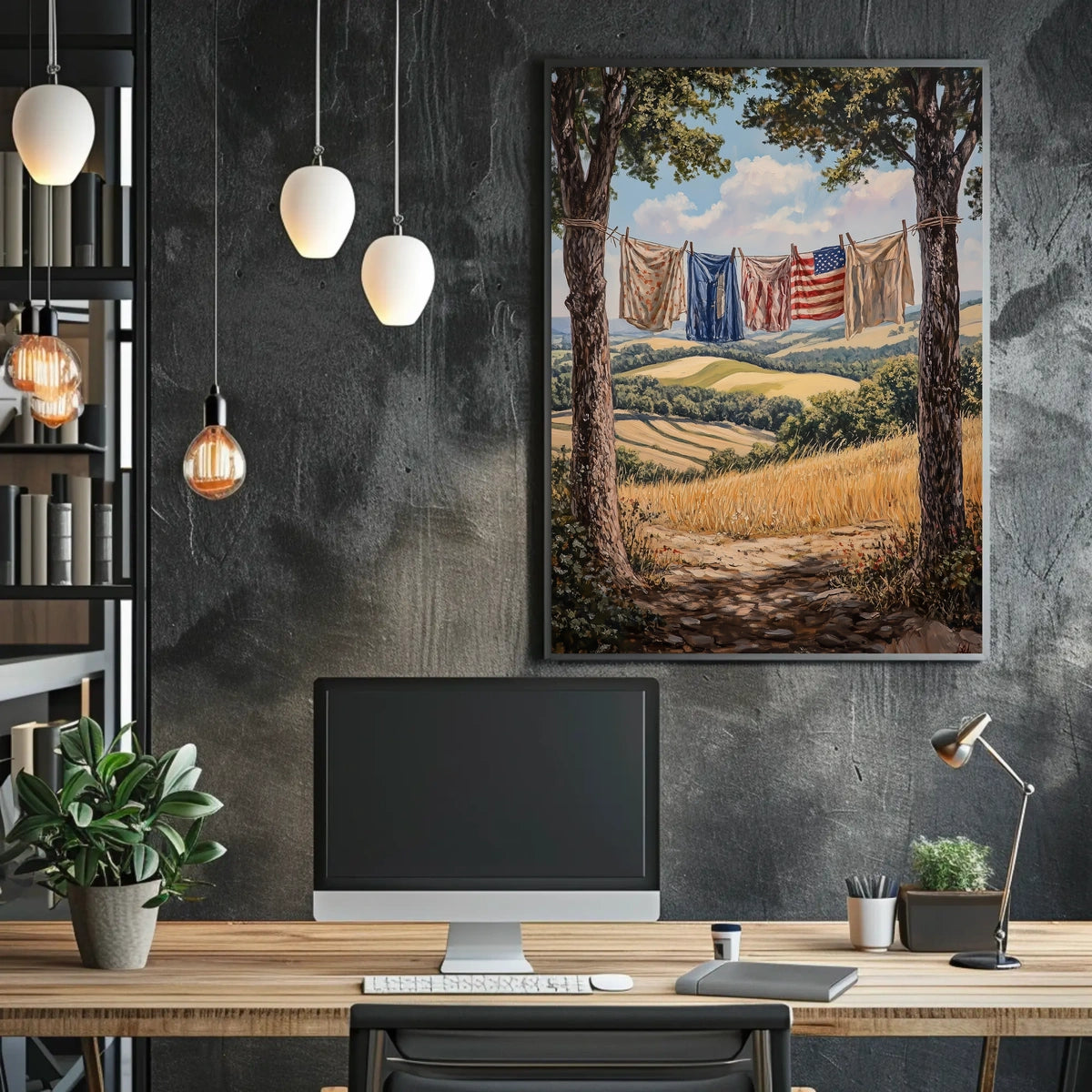 Clothesline Between Two Trees Overlooking Countryside Poster