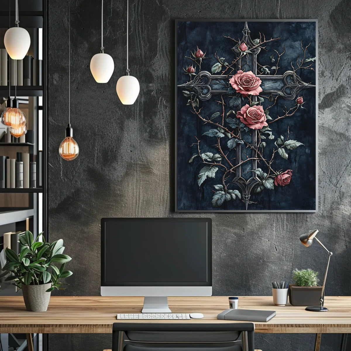 Stylized Gothic Cross and Roses Art Print Poster