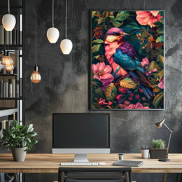 Vibrant Blue Pink Bird Perched Among Tropical Flora Poster