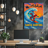 Santa Surfing Poster: Festive Beach Adventure Art