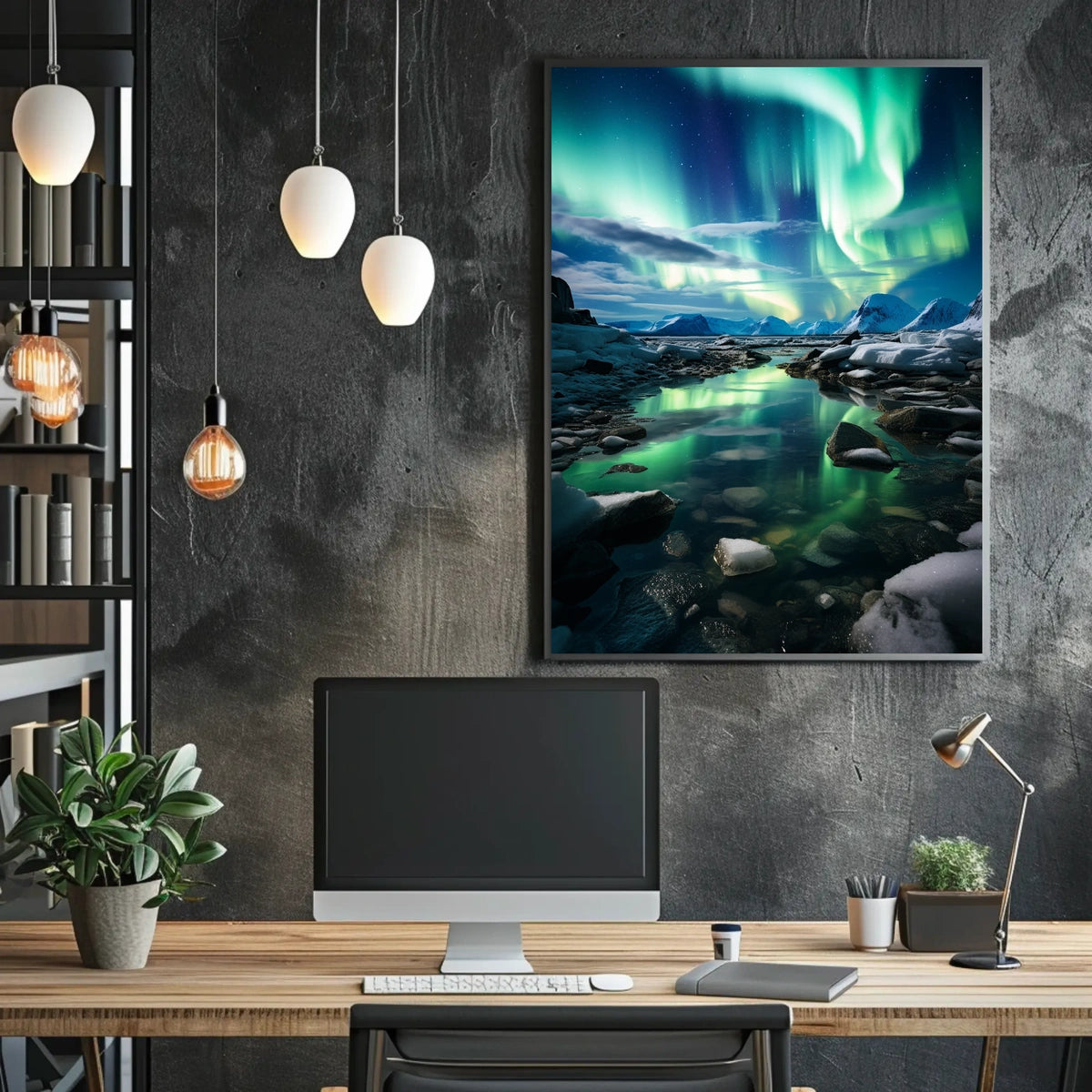 Aurora Borealis Over Icy Landscape Poster