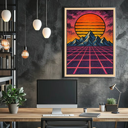 Retro-Futuristic Sunset over Mountains: Futuristic Sci-Fi Poster