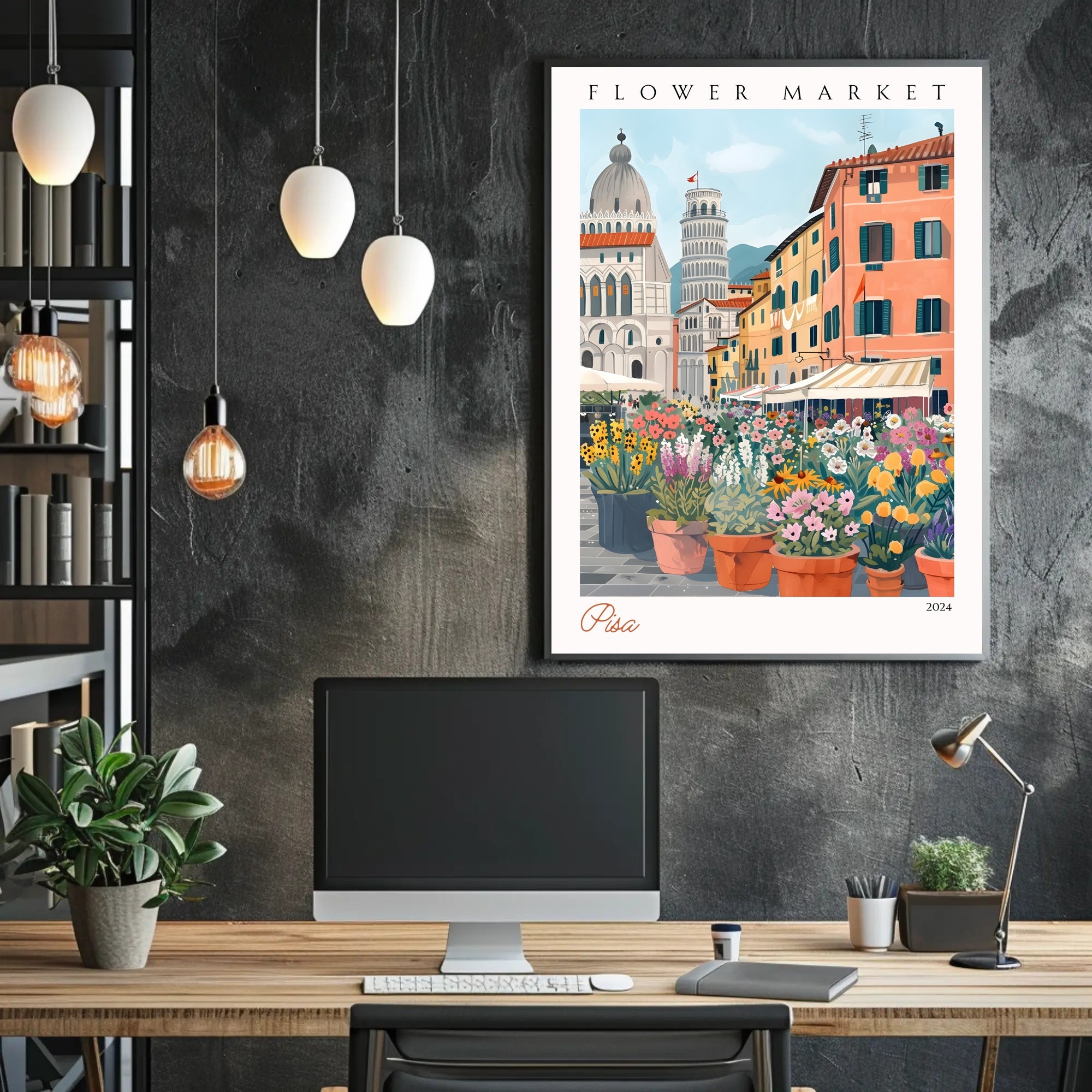 Vibrant Flower Market in Pisa Poster PosterGoat