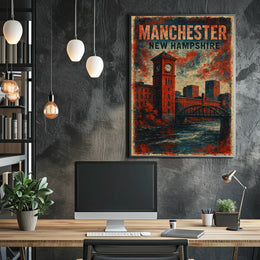 Manchester Clock Tower River Scene Vintage Nostalgic Poster