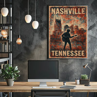 Nashville Guitar Silhouette Vintage Music Cityscape Rustic Texture Nostalgia Folk Art Poster