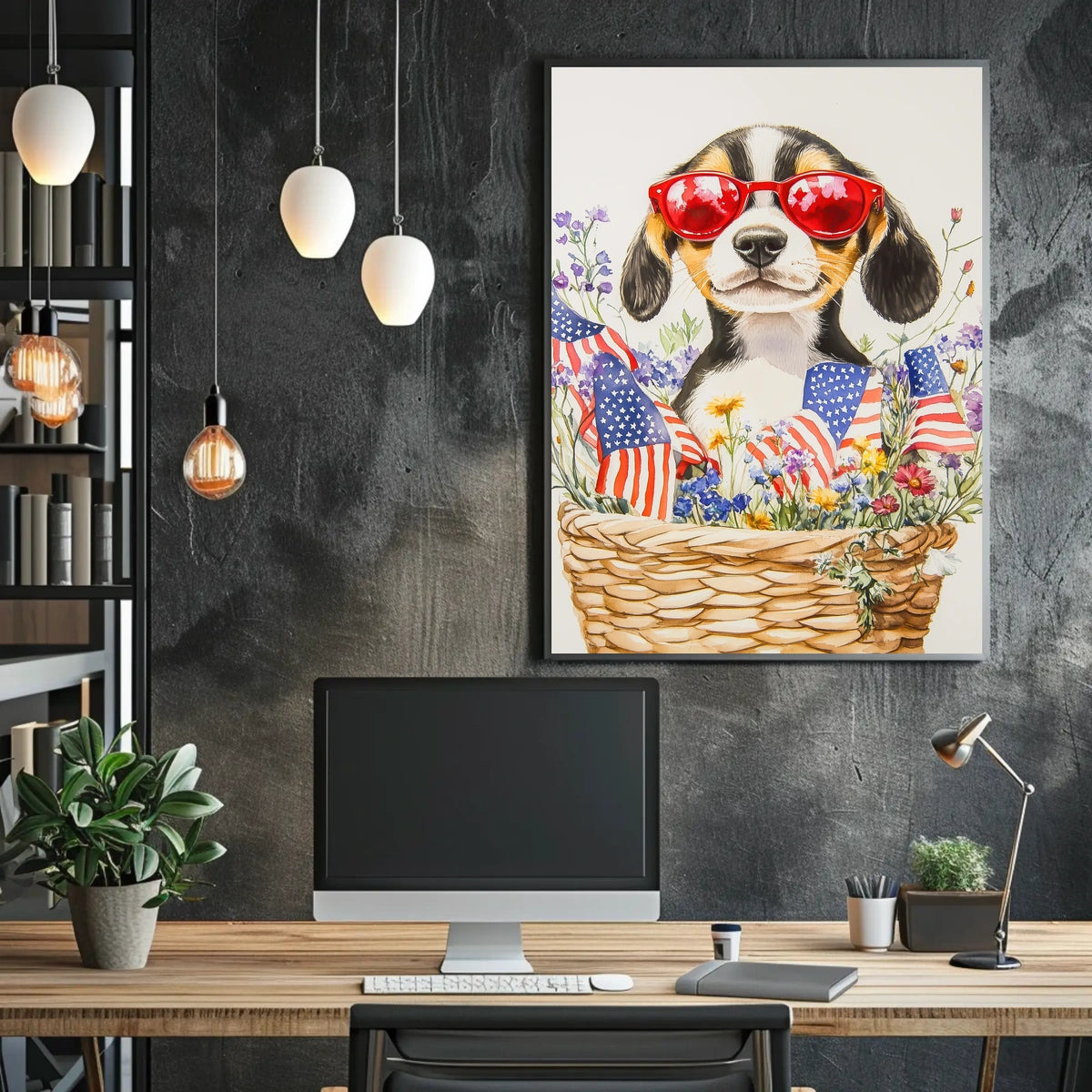 Beagle Puppy With Red Sunglasses In Floral Basket Poster