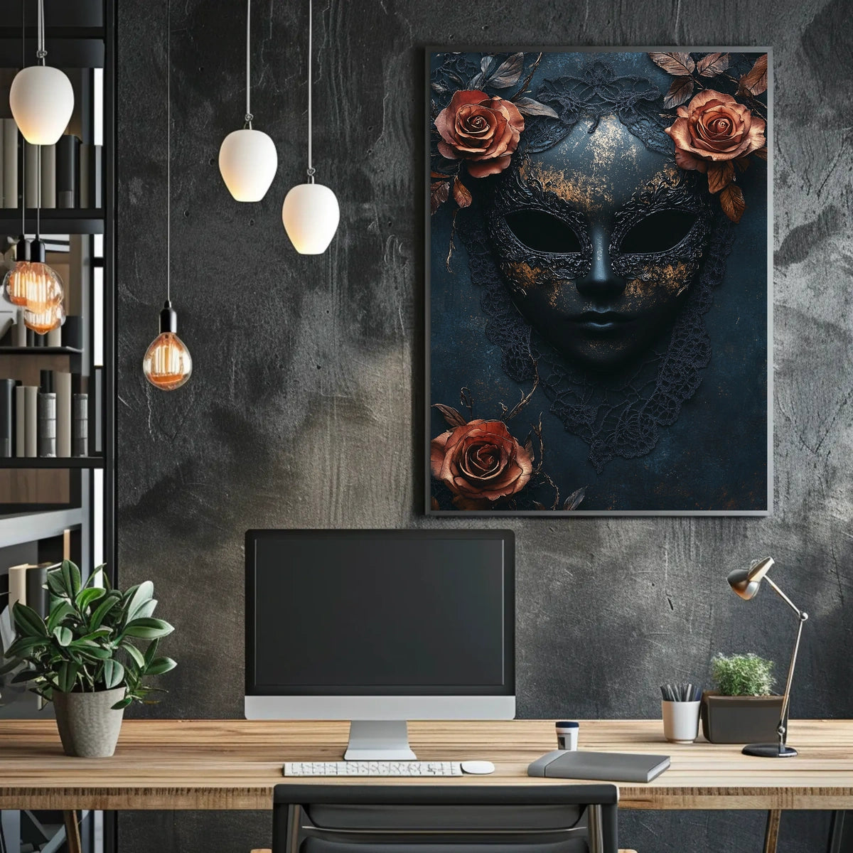 The poster features a stylized ornate mask in a dark and moody setting. Travel Poster