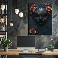 The poster features a stylized ornate mask in a dark and moody setting. Travel Poster