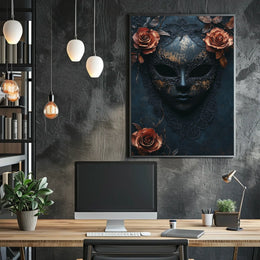 The poster features a stylized ornate mask in a dark and moody setting. Travel Poster