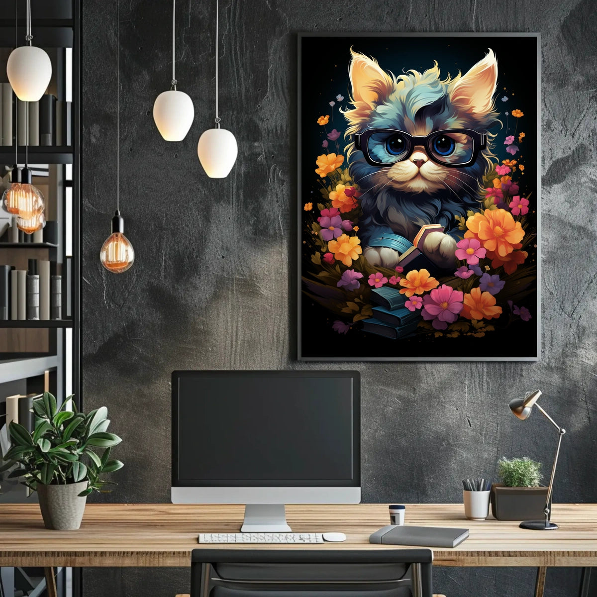 Whimsical Cat Poster: Glasses, Flowers, Books, Fantasy