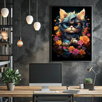 Whimsical Cat Poster: Glasses, Flowers, Books, Fantasy