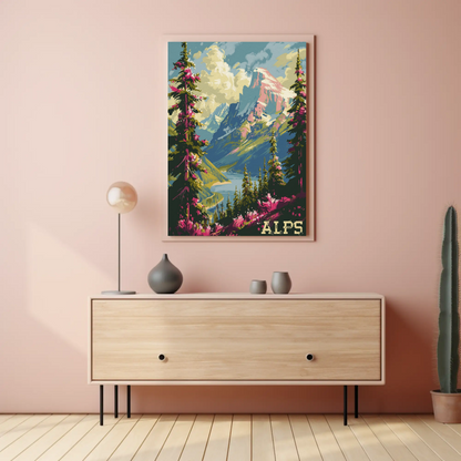 Alps Pink Flowers Lake Valley Peaks Travel Poster