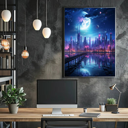 Neon Cityscape Under A Cosmic Sky Poster