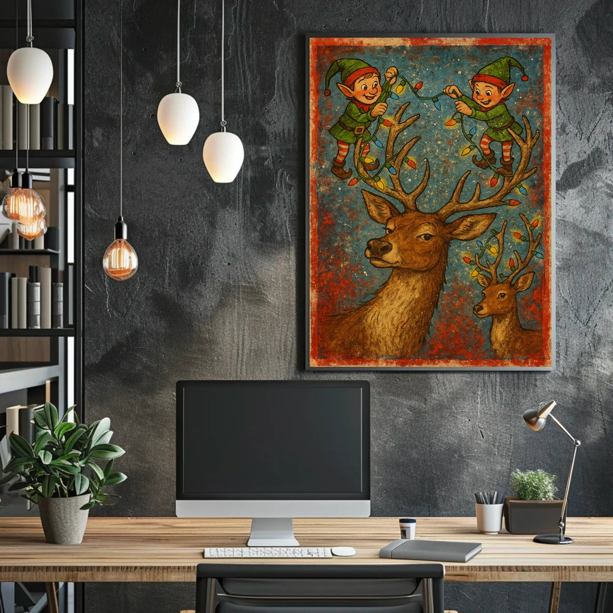 Festive Elves And Reindeer Poster