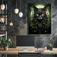 The poster presents a striking, modern depiction of a cat with an elaborate, Travel Poster