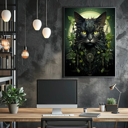 The poster presents a striking, modern depiction of a cat with an elaborate, Travel Poster
