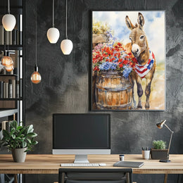 Cheerful Donkey Beside Barrel Surrounded By Flowers Poster