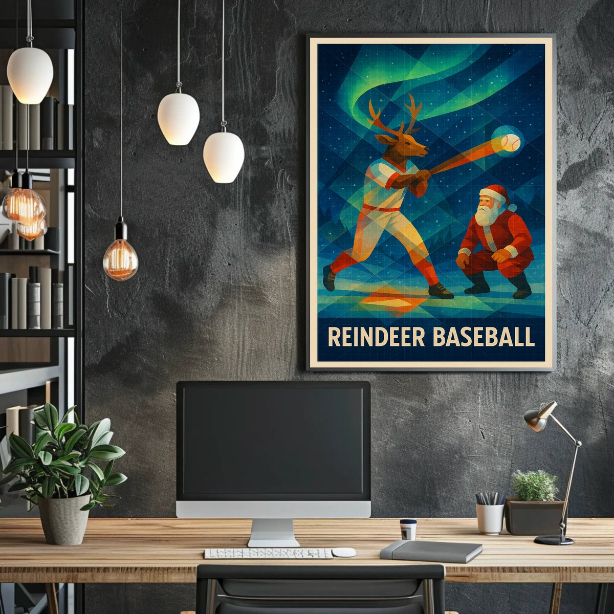 Reindeer Baseball Scene Under Northern Lights - Fantasy or Mythology Poster