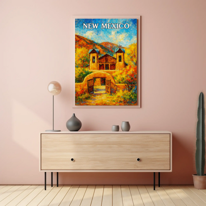 New Mexico Historic Adobe Church Autumn Colors Travel Poster