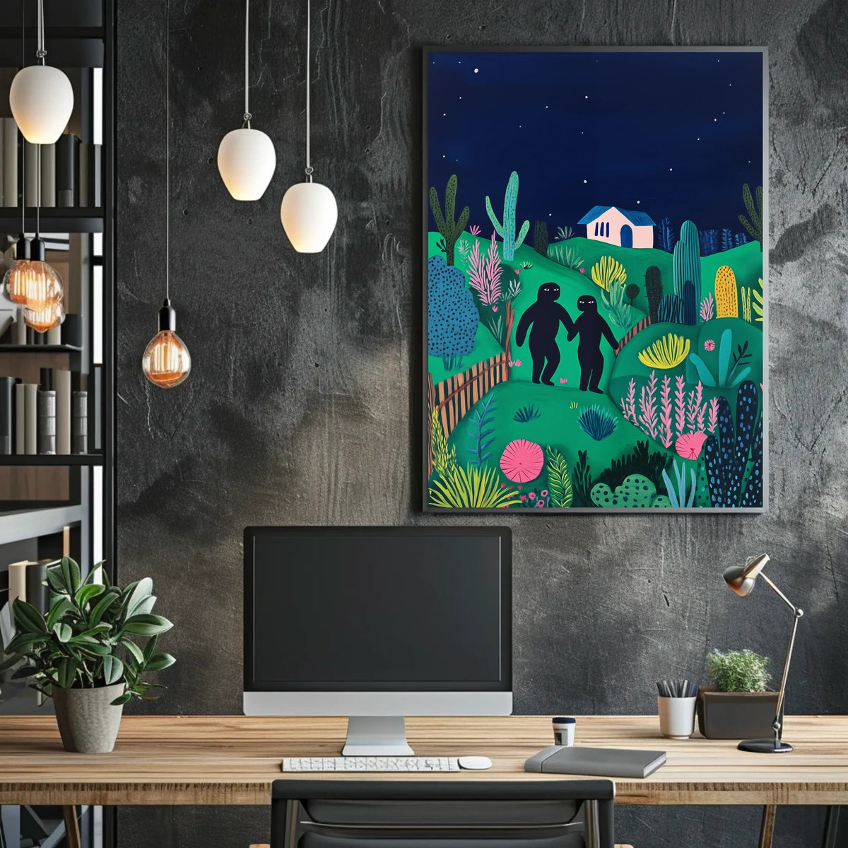 Surreal Landscape Night Figures Whimsical Poster