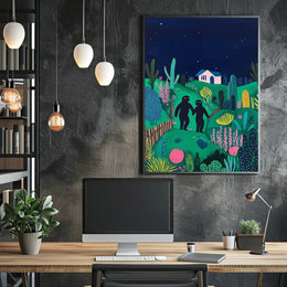 Surreal Landscape Night Figures Whimsical Poster