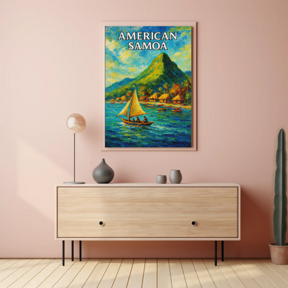 American Samoa Sailing Boats Mountain Coast Travel Poster