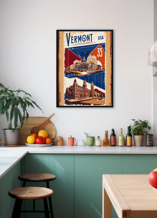 Vermont USA Historic Red Brick Skyline Travel Poster