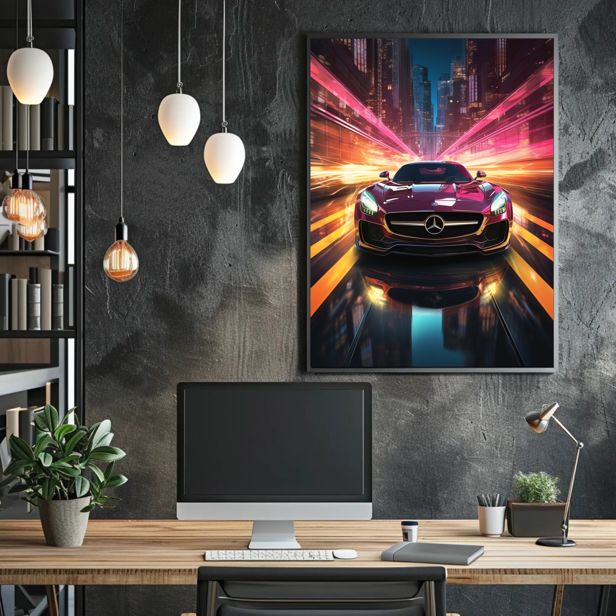 Sleek Sports Car Urban Escape Futuristic Sci-Fi Poster