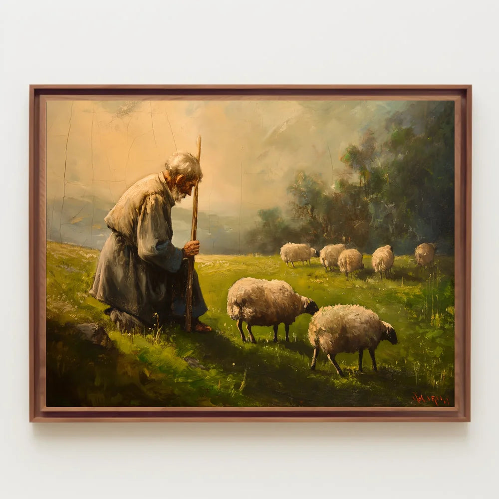 Pastoral Serenity: Shepherd and Sheep in Misty Meadow
