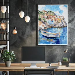 Serene Coastal Village Poster PosterGoat