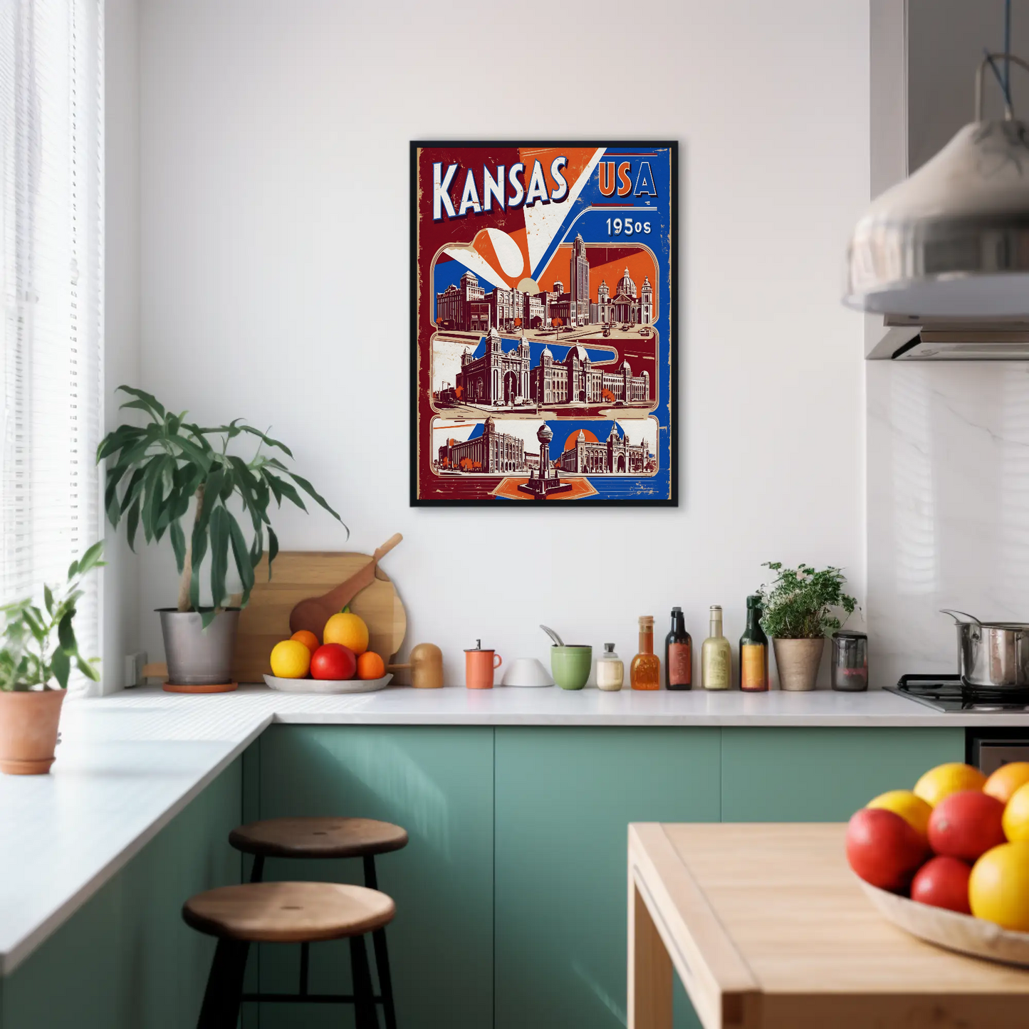 Kansas USA 1950s Grand Structures Vintage Maroon Travel Poster