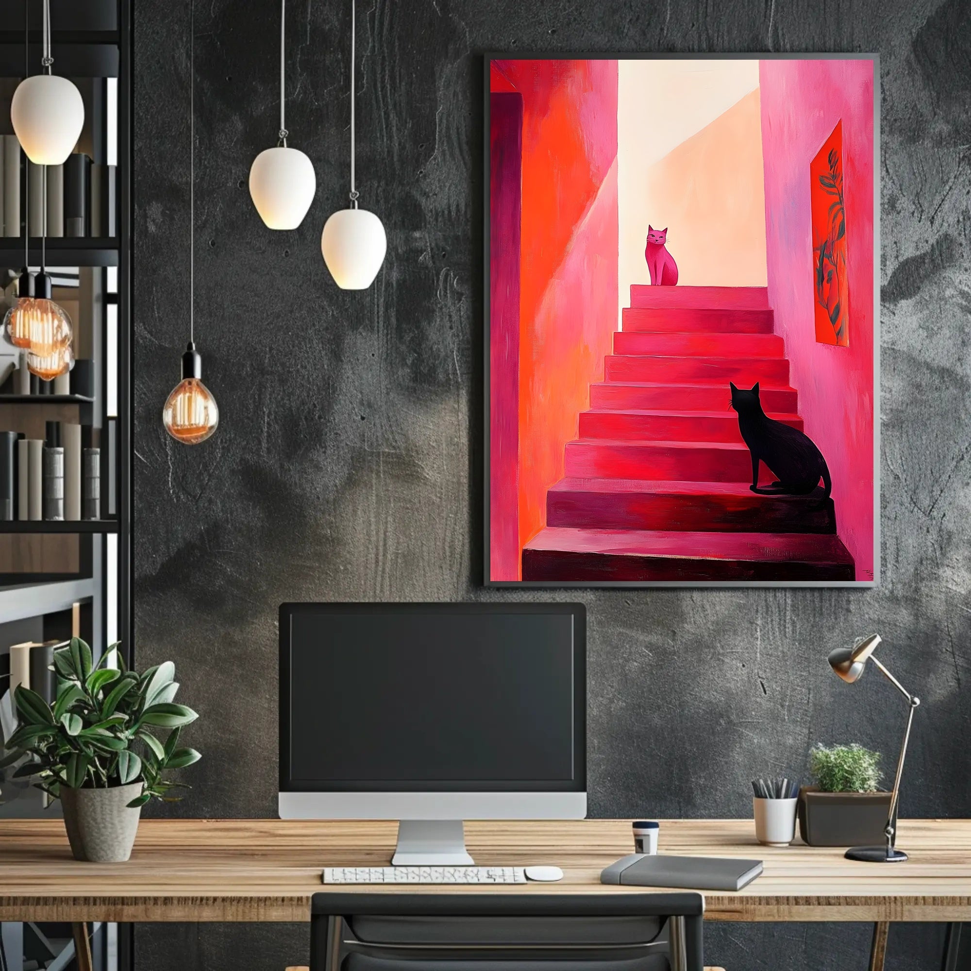 Stairway Cats Poster Charming Wall Art Print