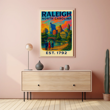 Raleigh North Carolina Skyline River Sunset Travel Poster