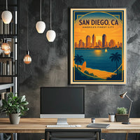 San Diego Sunset Skyline Vintage Travel Poster