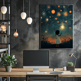 Child Holding Sparkler Under Night Sky Fireworks Poster