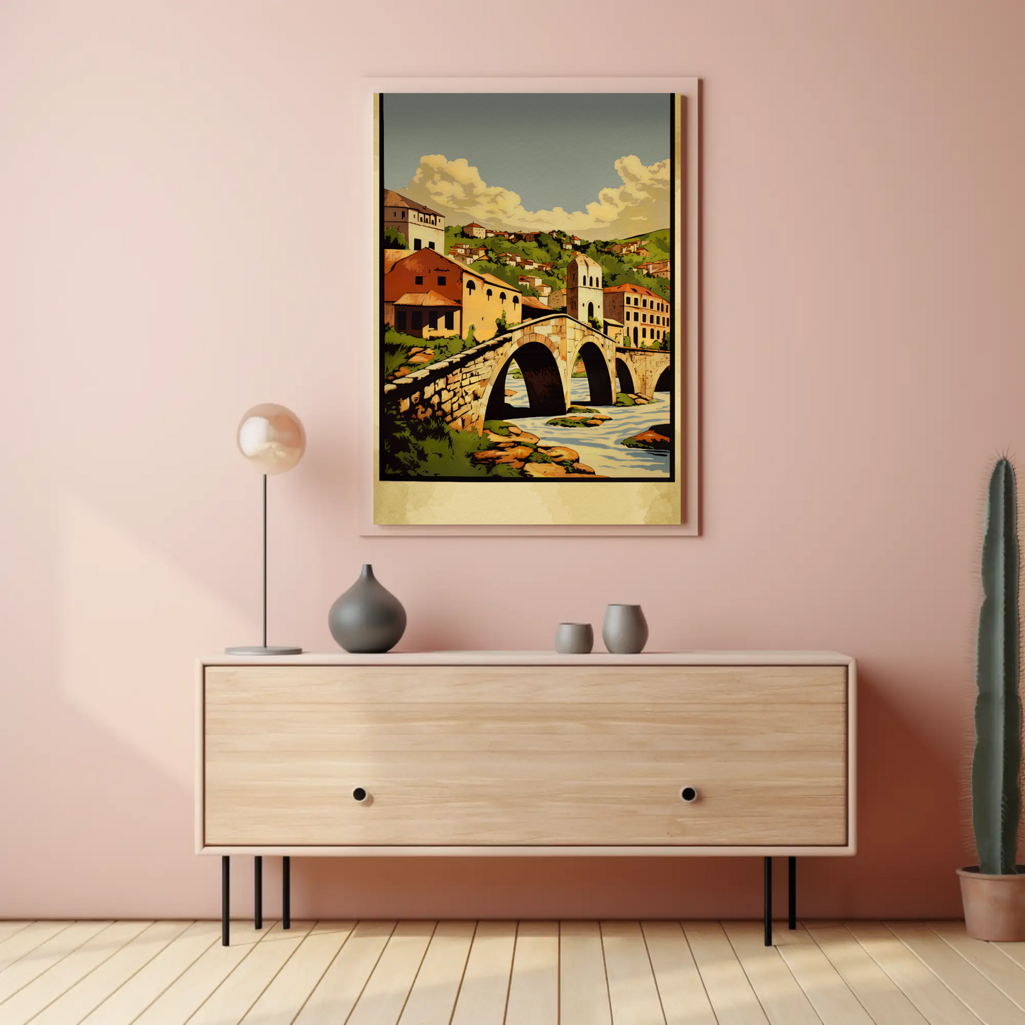 Stone Arch Bridge European Village Landscape Travel Poster