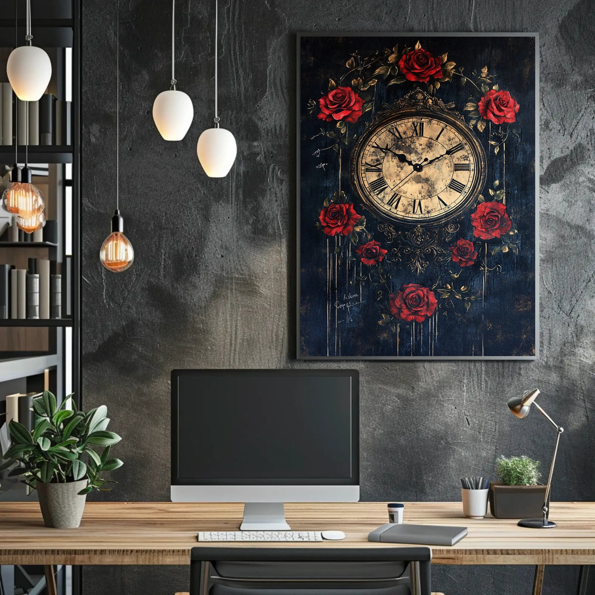 Timeless Romance: Classic Clock with Roses Cultural Poster