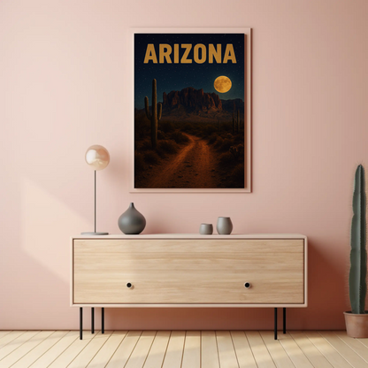Arizona Desert Moonlight Pathway With Cactus Travel Poster