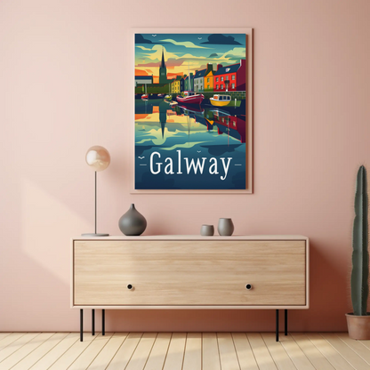 Evening Harbor Scene Galway Ireland Travel Poster