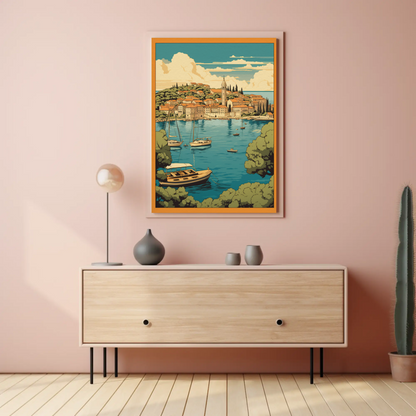 Coastal Mediterranean Village Boats Scenic Bay Travel Poster