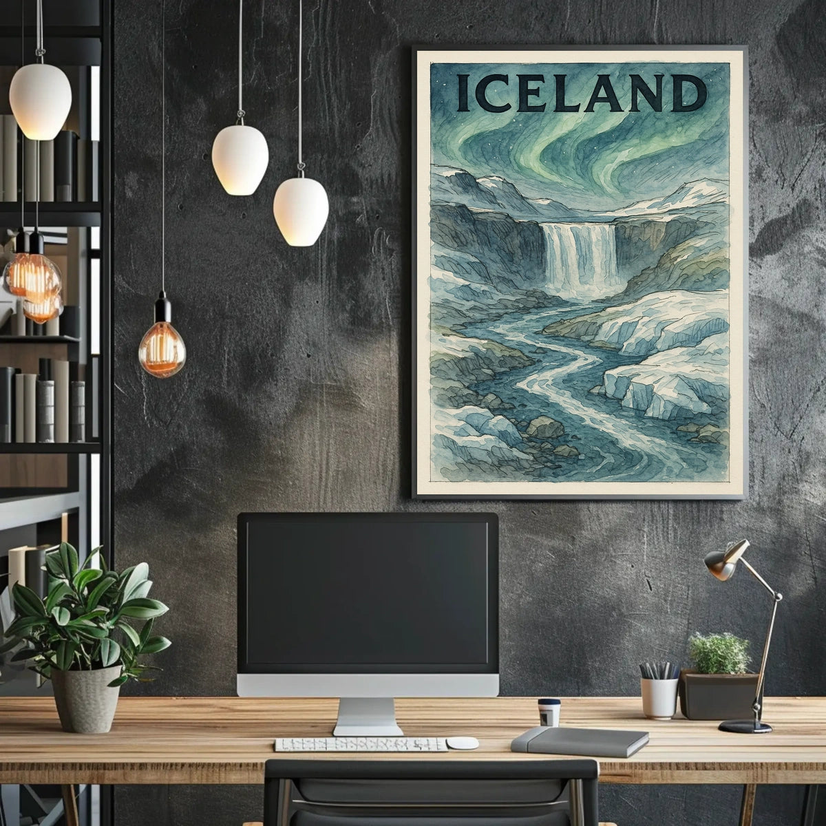 Icelandic Waterfall with Aurora Borealis Travel Poster