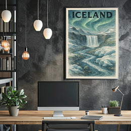 Icelandic Waterfall with Aurora Borealis Travel Poster