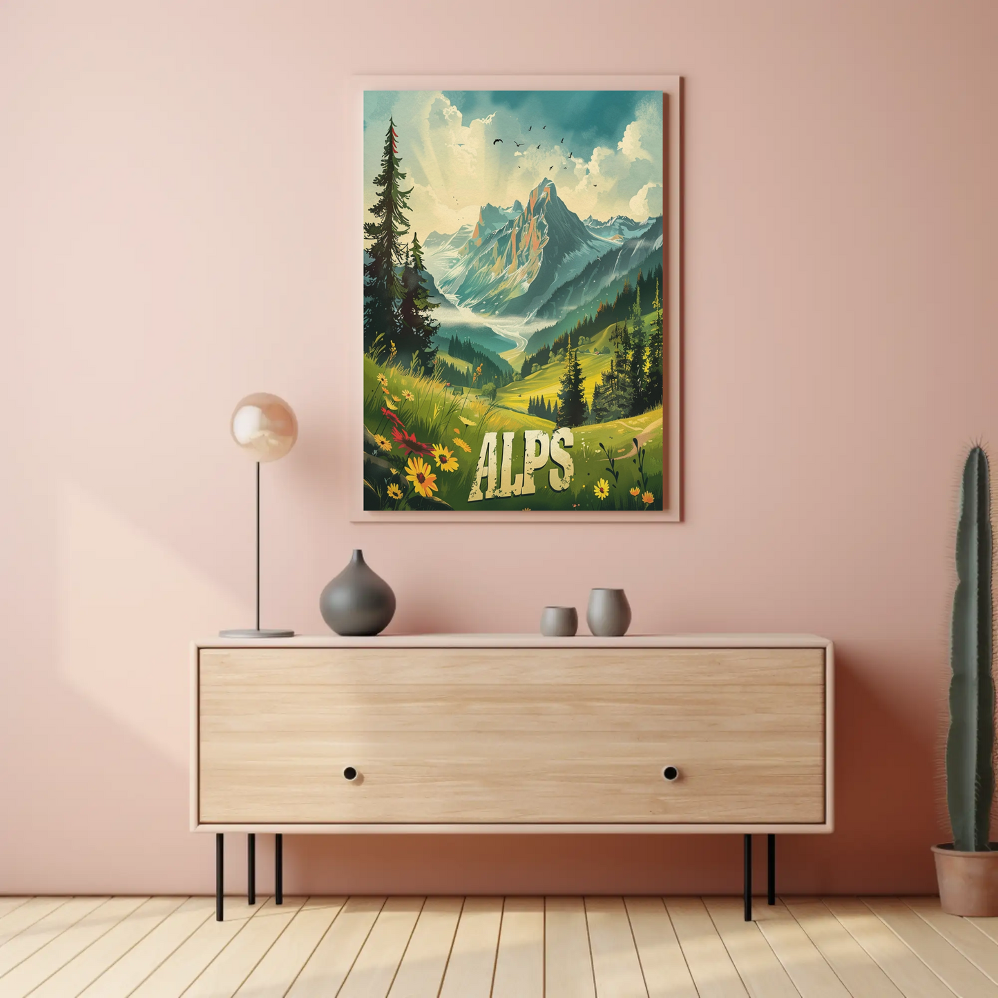 Alps Mountain Meadow Light Rays Forest Travel Poster