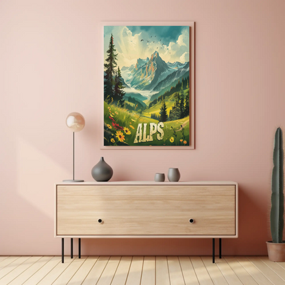 Alps Mountain Meadow Light Rays Forest Travel Poster