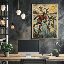 Whimsical Deer Ice Skating Vintage Art Poster